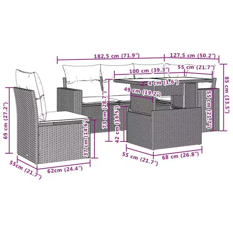 vidaXL Salon de jardin avec coussins et table, 6 pièces, résine tressée