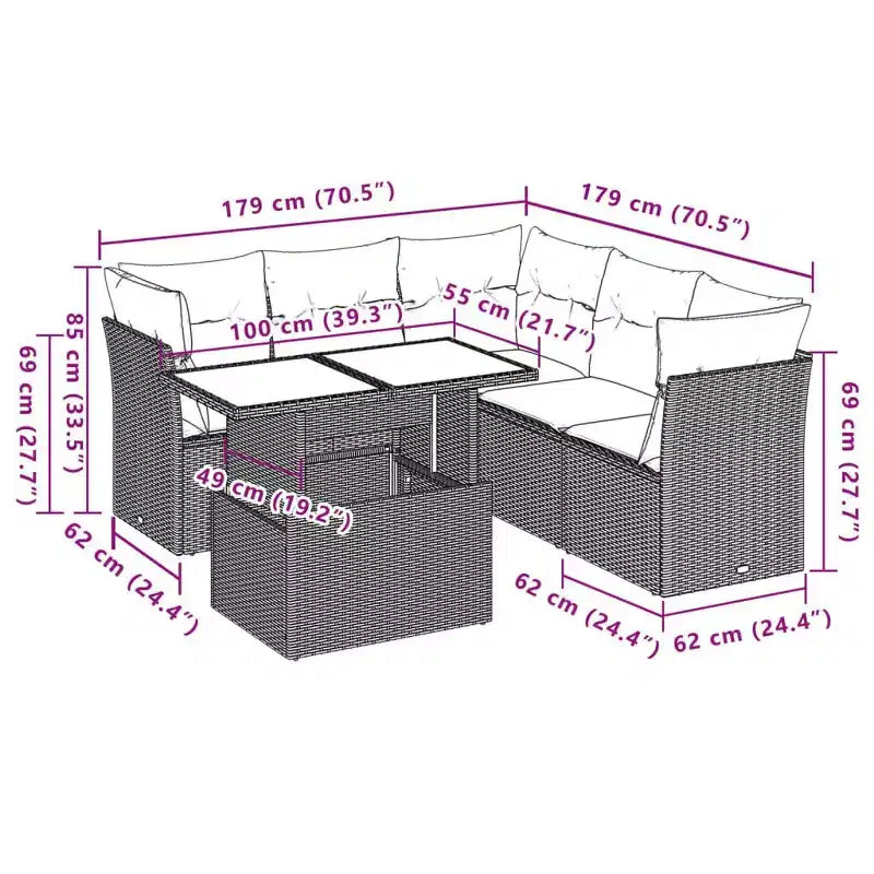 vidaXL 6 Piece Patio Sofa Set with Cushions, Poly Rattan, Modular Outdoor Sectional, Adjustable Table, Multiple Colors