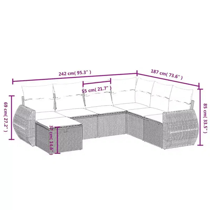 vidaXL Ensemble de canapés de jardin 7 pcs avec coussins résine tressée - Gris et bleu Sans table