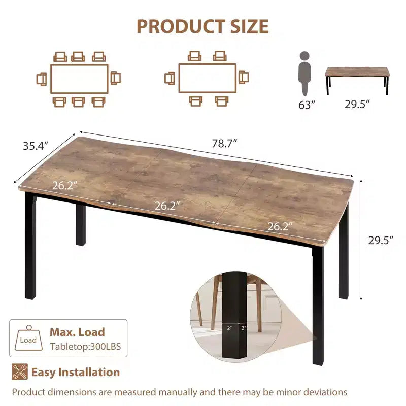 Dining Table for 6-8 People, Rustic Wave Irregular Edge Table with Thick MDF Top & Metal Frame, Waterproof Scratch-Resistant, VersatileMarble