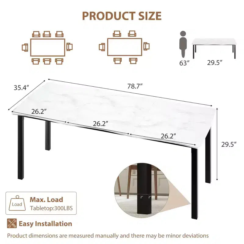 Dining Table for 6-8 People, Rustic Wave Irregular Edge Table with Thick MDF Top & Metal Frame, Waterproof Scratch-Resistant, VersatileMarble