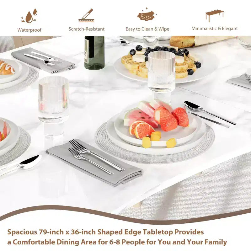 Dining Table for 6-8 People, Rustic Wave Irregular Edge Table with Thick MDF Top & Metal Frame, Waterproof Scratch-Resistant, VersatileMarble