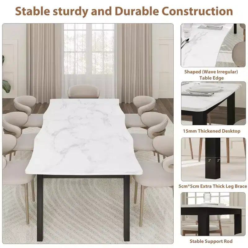 Dining Table for 6-8 People, Rustic Wave Irregular Edge Table with Thick MDF Top & Metal Frame, Waterproof Scratch-Resistant, VersatileMarble