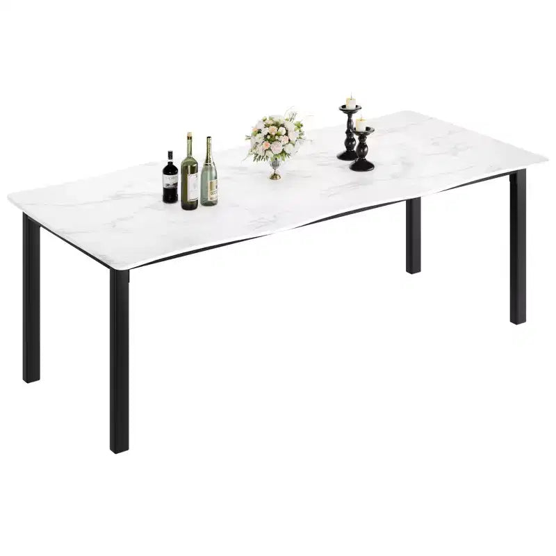 Dining Table for 6-8 People, Rustic Wave Irregular Edge Table with Thick MDF Top & Metal Frame, Waterproof Scratch-Resistant, VersatileMarble