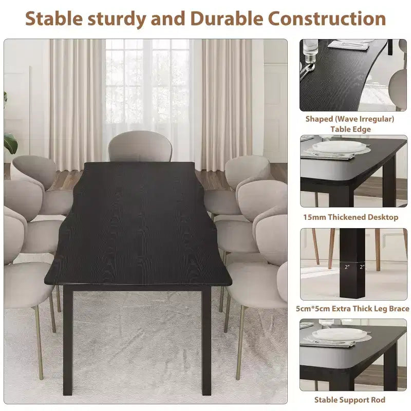 Dining Table for 6-8 People, Rustic Wave Irregular Edge Table with Thick MDF Top & Metal Frame, Waterproof Scratch-Resistant, VersatileMarble