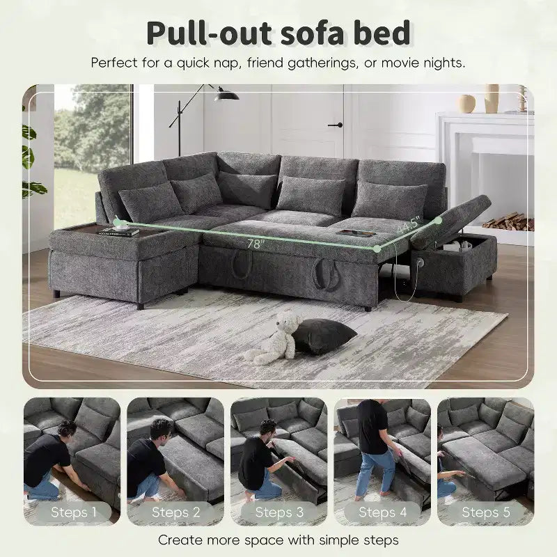 GDFStudio Nathan Modern 107 Chenille L-Shaped Pull-Out Sectional Sofa with Storage Ottoman and Adjustable Armrest Console with Charging Ports
