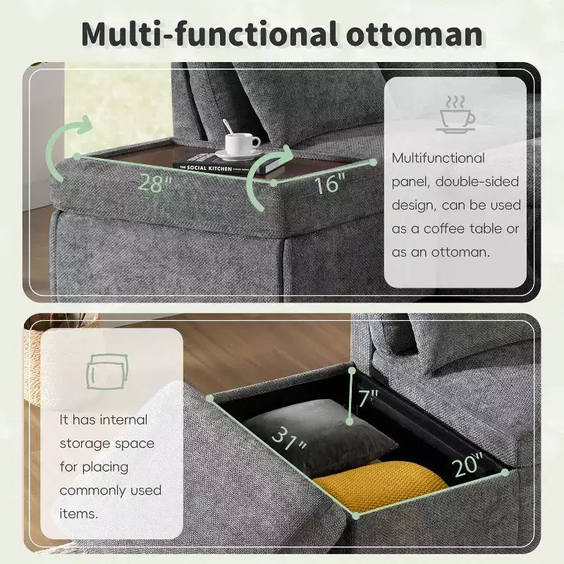 GDFStudio Nathan Modern 107 Chenille L-Shaped Pull-Out Sectional Sofa with Storage Ottoman and Adjustable Armrest Console with Charging Ports