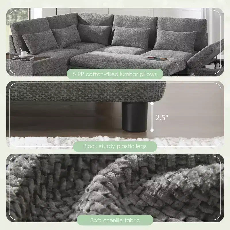 GDFStudio Nathan Modern 107 Chenille L-Shaped Pull-Out Sectional Sofa with Storage Ottoman and Adjustable Armrest Console with Charging Ports