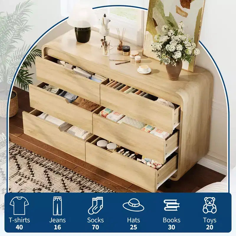 Commode à 6 tiroirs pour chambre à coucher, commode moderne en bois de 120 cm de large avec grand espace de rangement en bois, chiffonnier