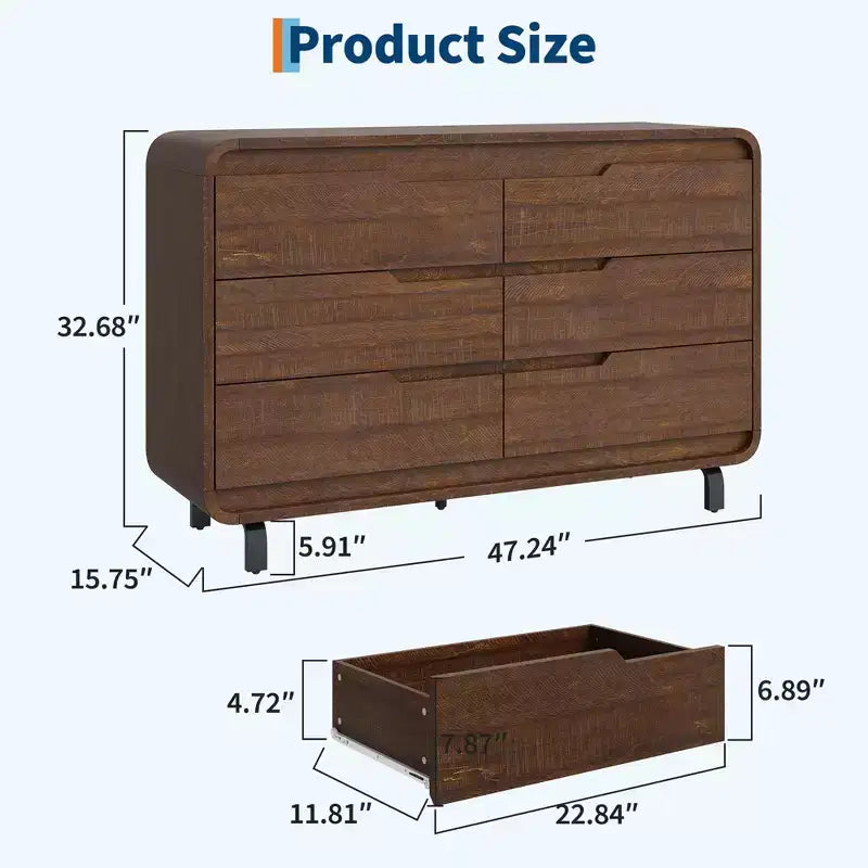 Commode à 6 tiroirs pour chambre à coucher, commode moderne en bois de 120 cm de large avec grand espace de rangement en bois, chiffonnier