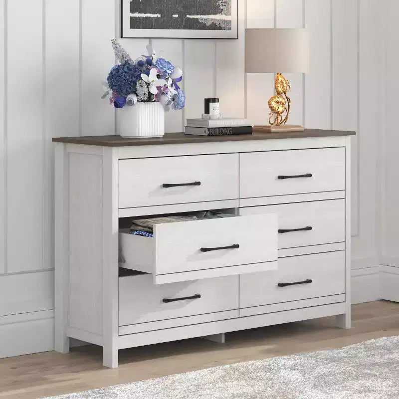 Galano 6-Drawer Dresser with Smooth-Glide Storage in Pearl White Oak 47 W