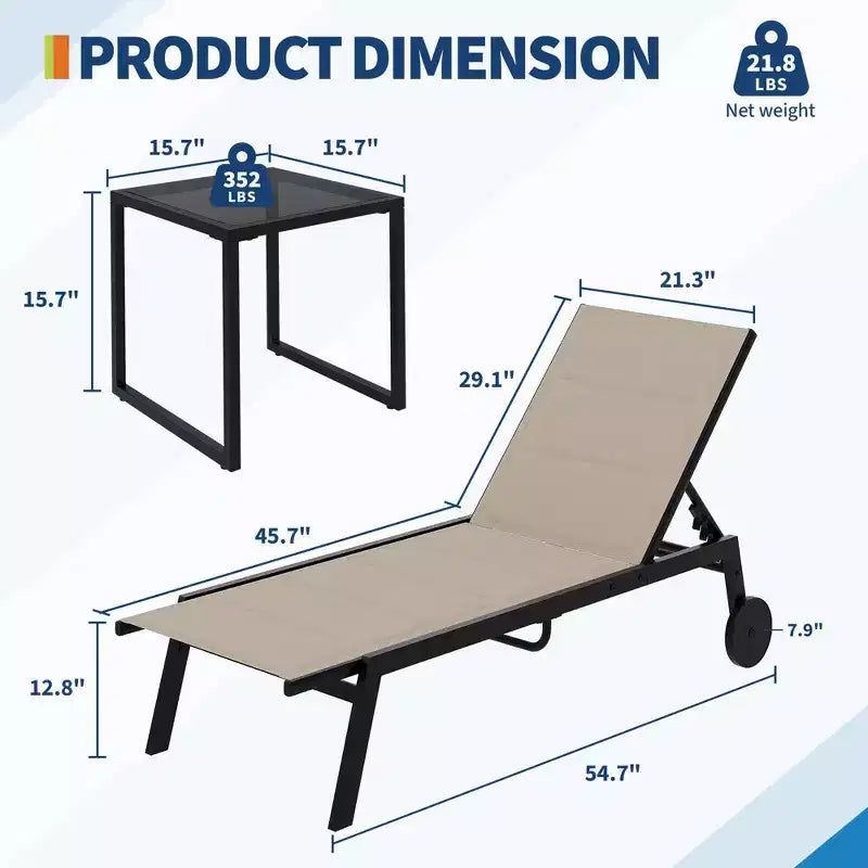 2 chaises longues de patio en textile avec table d'appoint, ensemble de chaises longues d'extérieur, chaise longue de piscine avec dossier réglable sur 5 niveaux, chaise de bronzage pour piscine, jardin, plage
