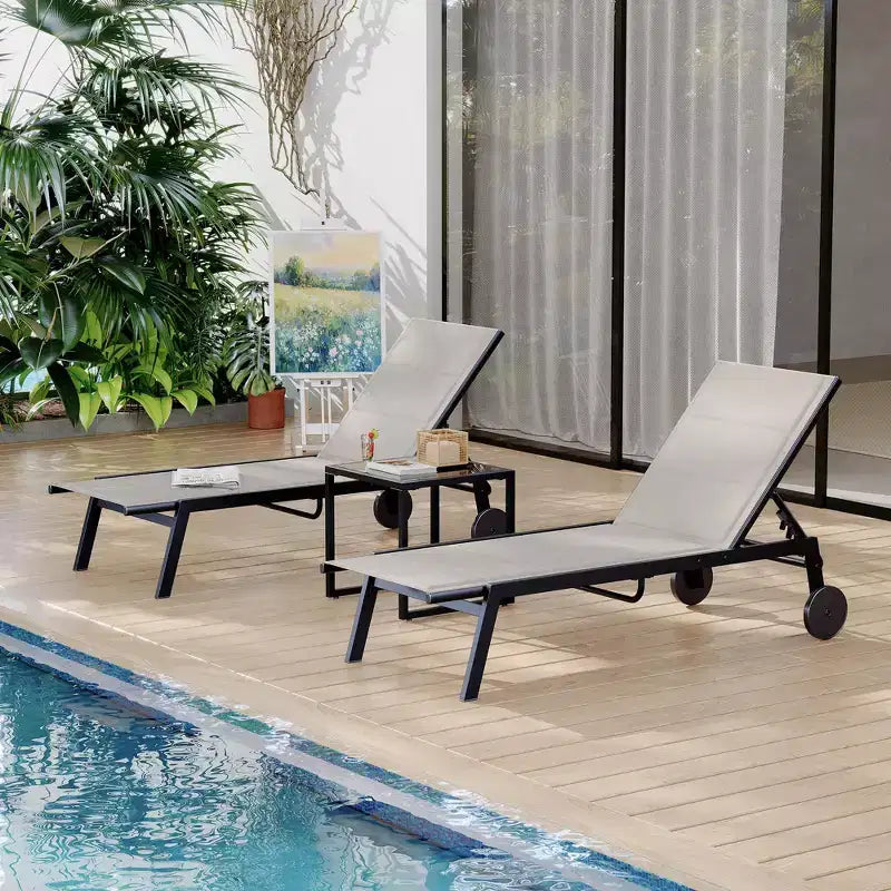2 chaises longues de patio en textile avec table d'appoint, ensemble de chaises longues d'extérieur, chaise longue de piscine avec dossier réglable sur 5 niveaux, chaise de bronzage pour piscine, jardin, plage