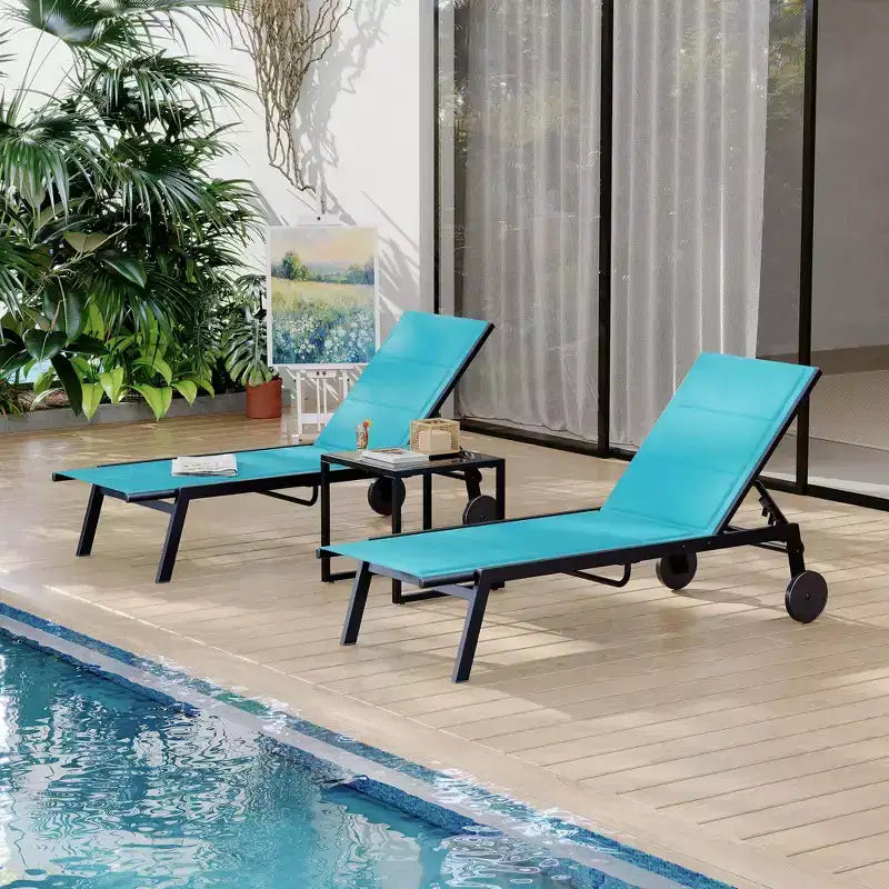 2 chaises longues de patio en textile avec table d'appoint, ensemble de chaises longues d'extérieur, chaise longue de piscine avec dossier réglable sur 5 niveaux, chaise de bronzage pour piscine, jardin, plage
