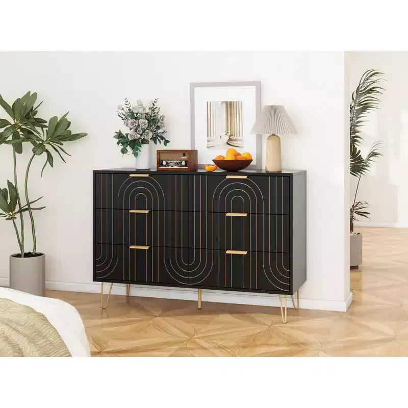 6 Drawers Dresser For Bedroom, Wood 6 Chest Of Drawer With Metal Handle, Curved Designed Storage Dresser For Home Office, Living Room, Bedroom Black