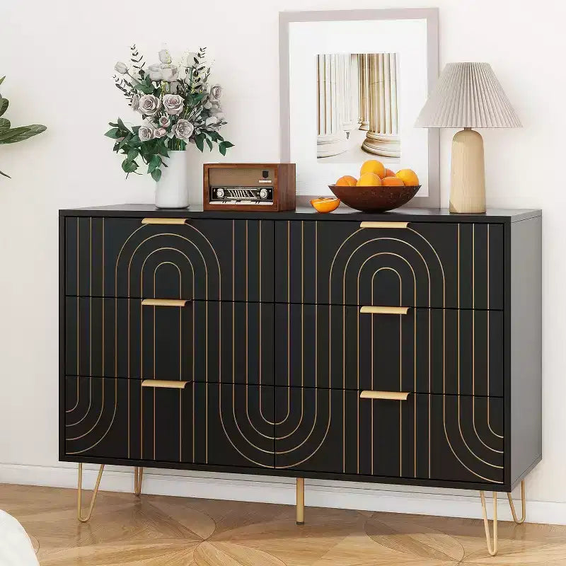 6 Drawers Dresser For Bedroom, Wood 6 Chest Of Drawer With Metal Handle, Curved Designed Storage Dresser For Home Office, Living Room, Bedroom Black