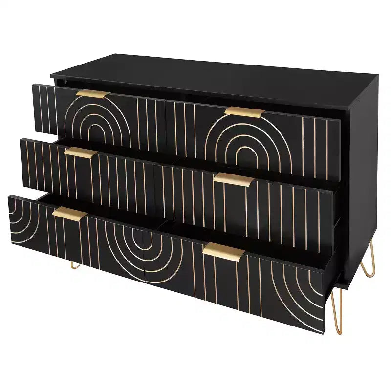 6 Drawers Dresser For Bedroom, Wood 6 Chest Of Drawer With Metal Handle, Curved Designed Storage Dresser For Home Office, Living Room, Bedroom Black