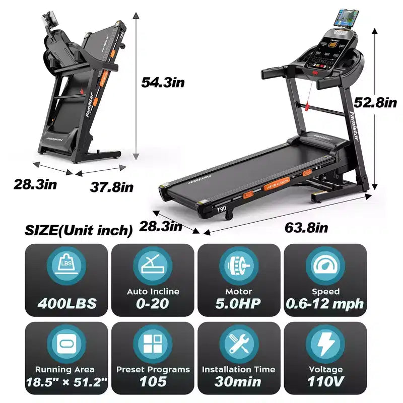 5HP Folding Treadmill 300-400lb Capacity with 20% Auto Incline, 12MPH Fast Speed, 96+5+3+1 Smart Program, APP Control, Walking Running Home Treadmill