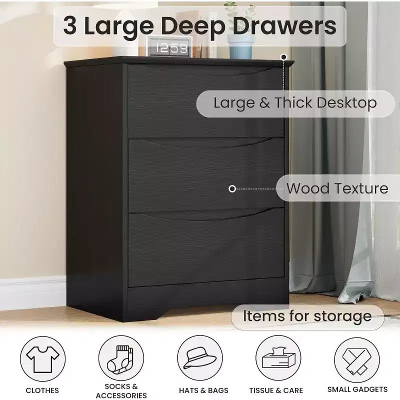Commode en bois à 3 tiroirs, armoire haute moderne avec rangement profond, grande commode à tiroirs avec plateau large, commode longue de rangement pour chambre à coucher