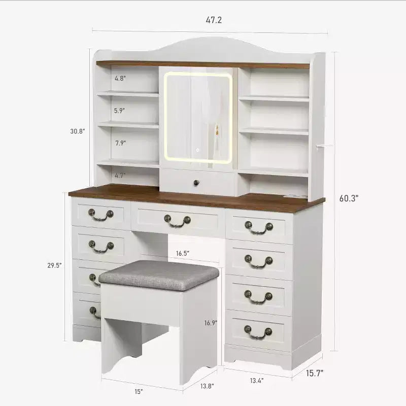 Acekool Vanity Desk with Mirror and Adjustable Lights, Dressing Table Set with Chair, 10 Drawers, 10 Shelves & Power Outlet for Bedroom