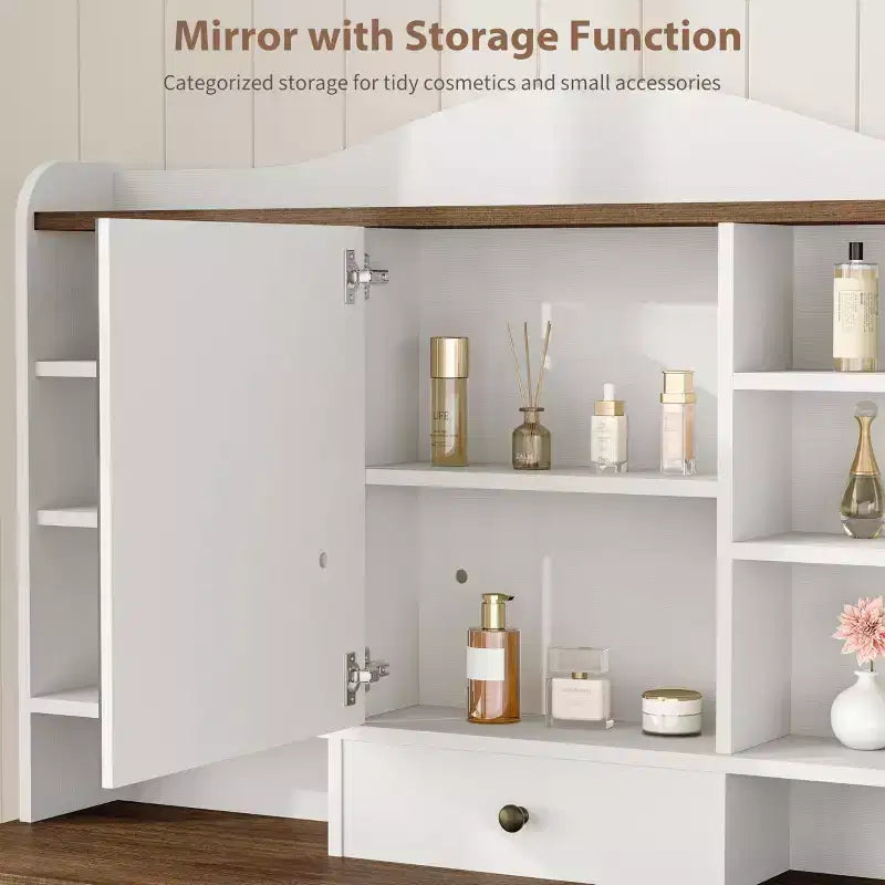 Acekool Vanity Desk with Mirror and Adjustable Lights, Dressing Table Set with Chair, 10 Drawers, 10 Shelves & Power Outlet for Bedroom