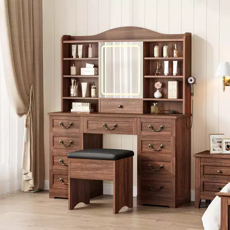 Acekool Vanity Desk with Mirror and Adjustable Lights, Dressing Table Set with Chair, 10 Drawers, 10 Shelves & Power Outlet for Bedroom