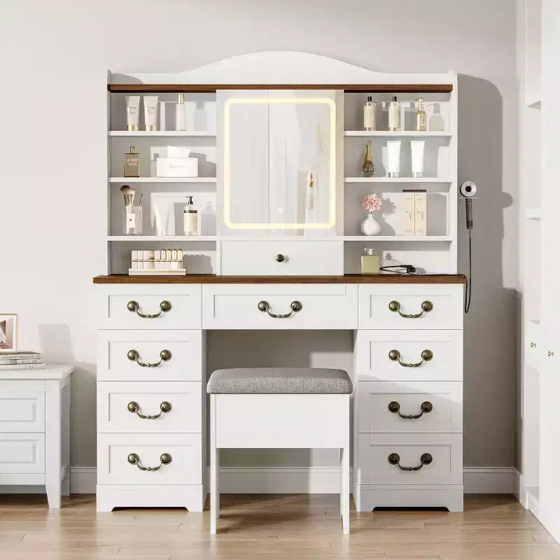 Acekool Vanity Desk with Mirror and Adjustable Lights, Dressing Table Set with Chair, 10 Drawers, 10 Shelves & Power Outlet for Bedroom