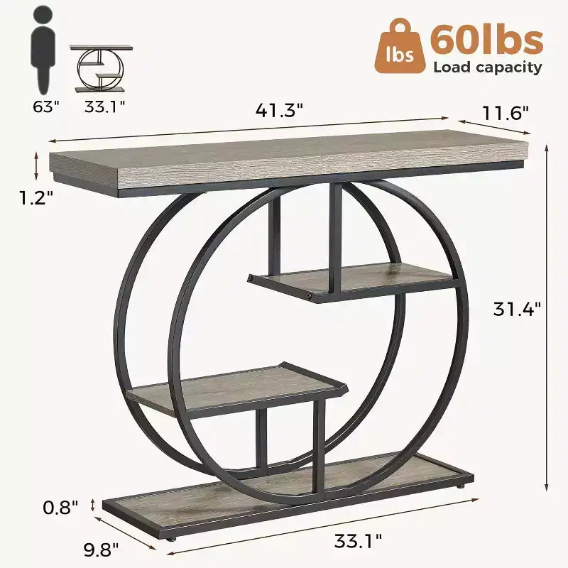 Sailvan 41.3 Industrial Sofa Table, 4-Tier Entryway Table with Circle Base & 1.7 Thick Top, Narrow Console Table with Storage