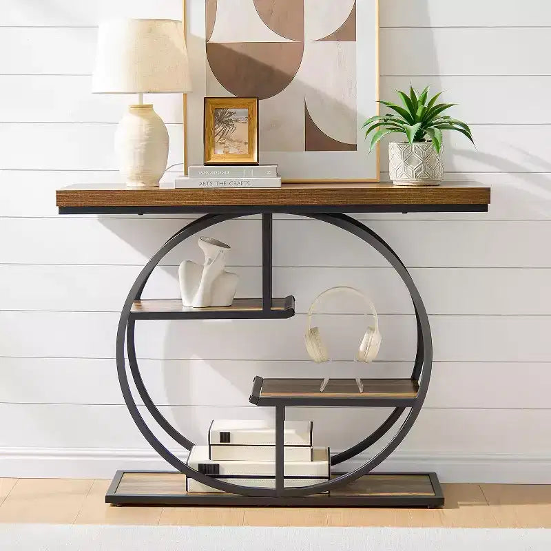 Sailvan 41.3 Industrial Sofa Table, 4-Tier Entryway Table with Circle Base & 1.7 Thick Top, Narrow Console Table with Storage
