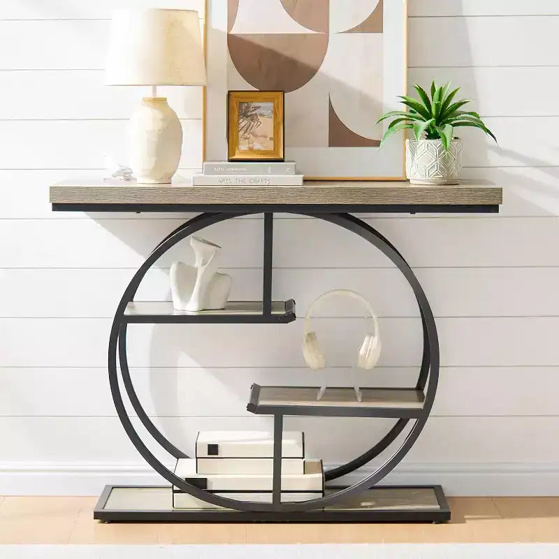 Sailvan 41.3 Industrial Sofa Table, 4-Tier Entryway Table with Circle Base & 1.7 Thick Top, Narrow Console Table with Storage