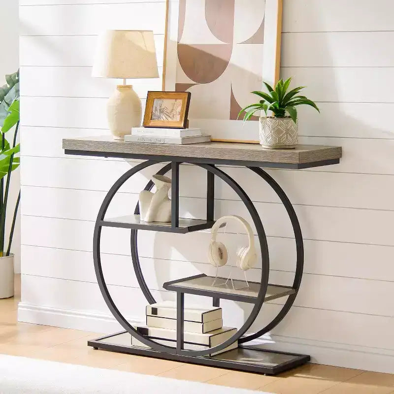 Sailvan 41.3 Industrial Sofa Table, 4-Tier Entryway Table with Circle Base & 1.7 Thick Top, Narrow Console Table with Storage