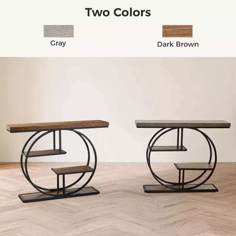 Sailvan 41.3 Industrial Sofa Table, 4-Tier Entryway Table with Circle Base & 1.7 Thick Top, Narrow Console Table with Storage