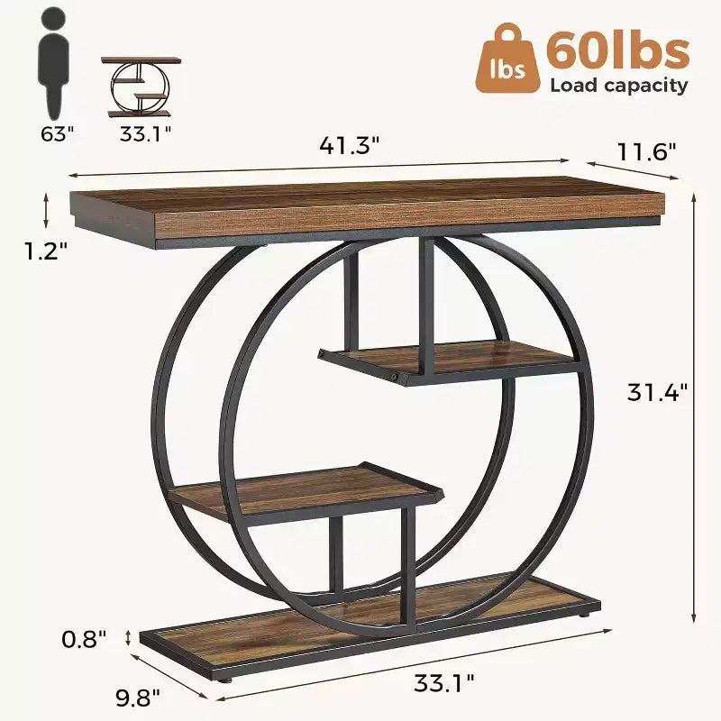 Sailvan 41.3 Industrial Sofa Table, 4-Tier Entryway Table with Circle Base & 1.7 Thick Top, Narrow Console Table with Storage
