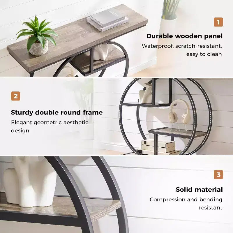 Sailvan 41.3 Industrial Sofa Table, 4-Tier Entryway Table with Circle Base & 1.7 Thick Top, Narrow Console Table with Storage