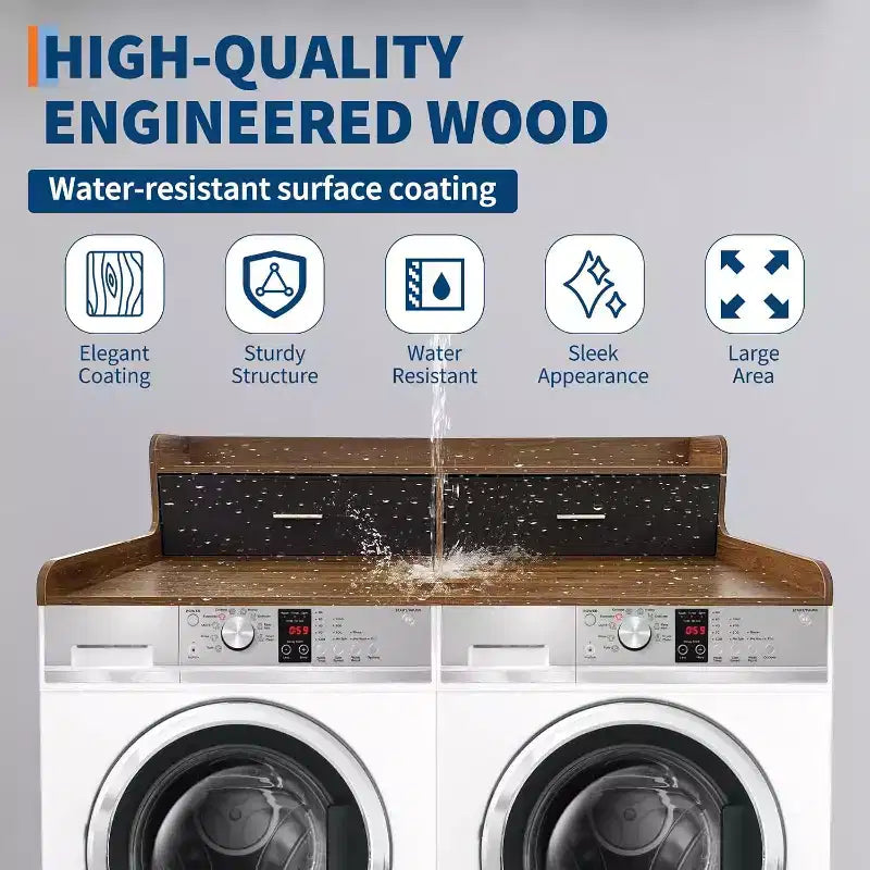 Acekool Washer Dryer Countertop, 2-Tier Laundry Topper with Edge Rails and Drawers, Organizer Shelf for Laundry Room Storage and Folding