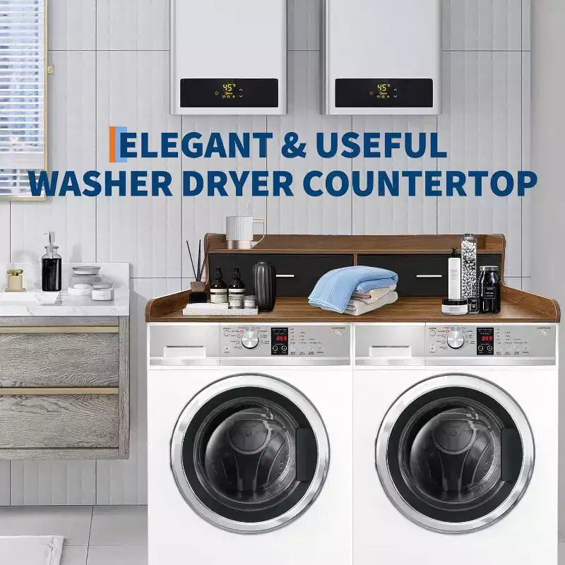 Acekool Washer Dryer Countertop, 2-Tier Laundry Topper with Edge Rails and Drawers, Organizer Shelf for Laundry Room Storage and Folding