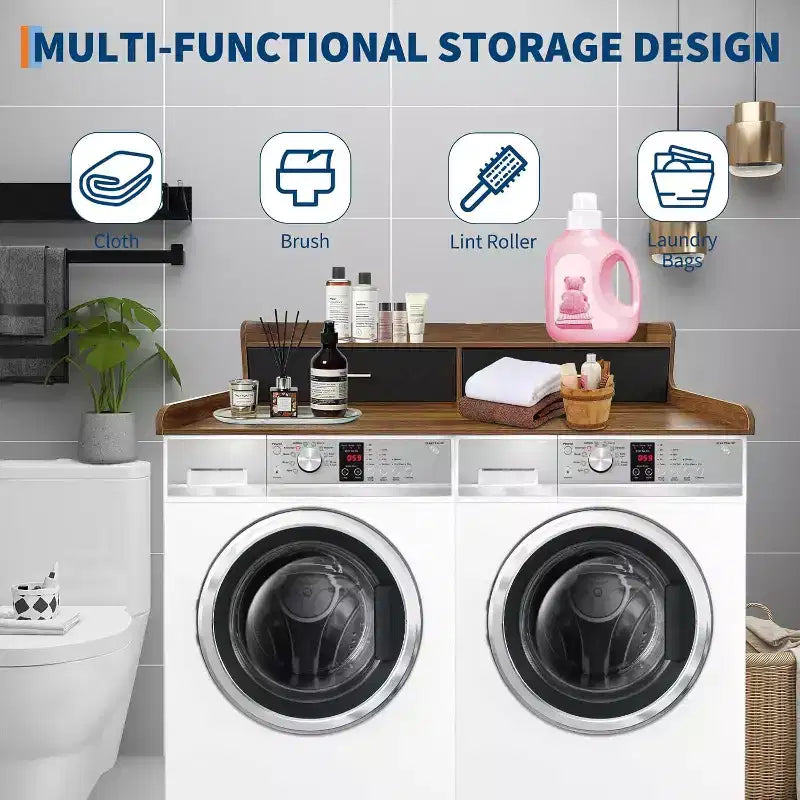 Acekool Washer Dryer Countertop, 2-Tier Laundry Topper with Edge Rails and Drawers, Organizer Shelf for Laundry Room Storage and Folding