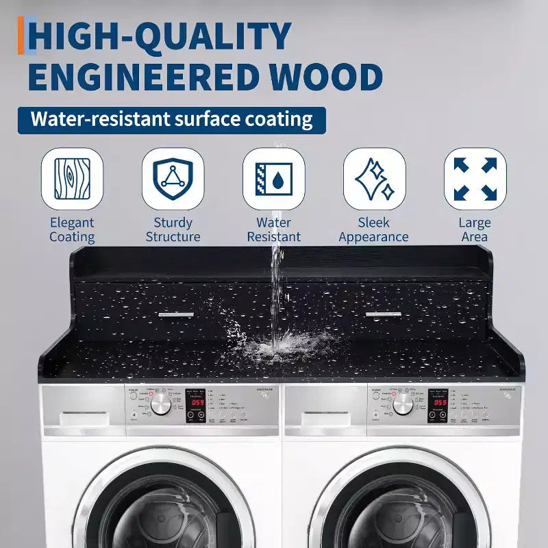 Acekool Washer Dryer Countertop, 2-Tier Laundry Topper with Edge Rails and Drawers, Organizer Shelf for Laundry Room Storage and Folding