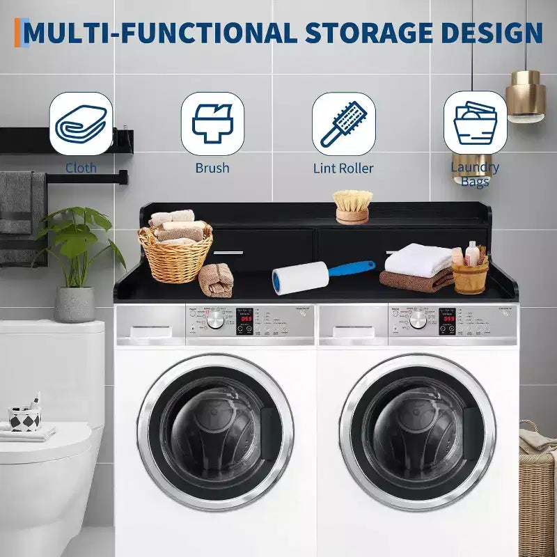 Acekool Washer Dryer Countertop, 2-Tier Laundry Topper with Edge Rails and Drawers, Organizer Shelf for Laundry Room Storage and Folding