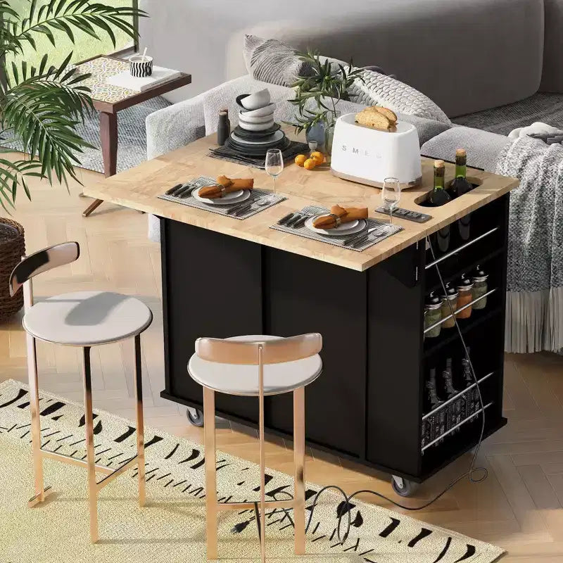 TUYOHW Îlot de cuisine roulant de 101 cm avec abattant, prise de courant et rangement ouvert, chariot de cuisine avec 2 tiroirs et 1 meuble à porte