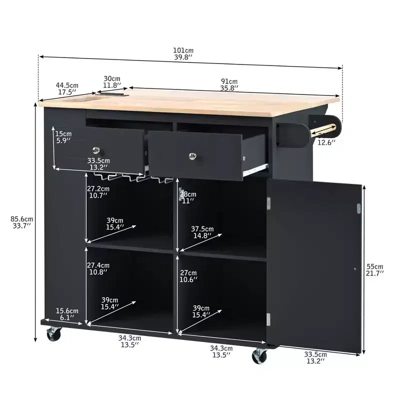 TUYOHW Îlot de cuisine roulant de 101 cm avec abattant, prise de courant et rangement ouvert, chariot de cuisine avec 2 tiroirs et 1 meuble à porte