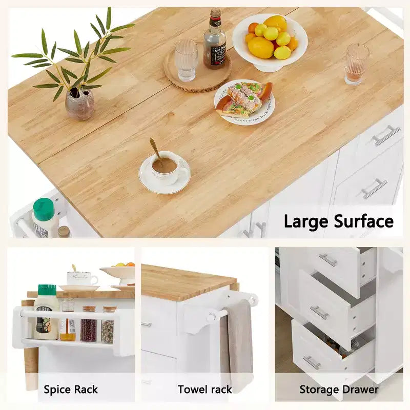 TUYOHW Îlot de cuisine roulant de 136,6 cm avec abattant, Chariot de cuisine avec armoire à 2 portes et 3 tiroirs