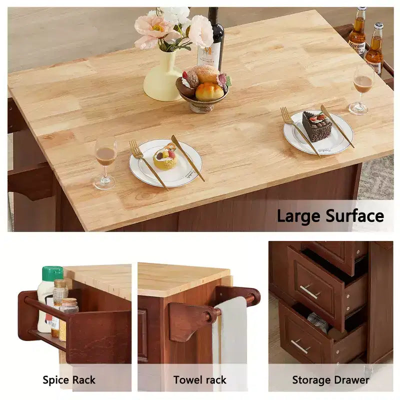 TUYOHW Îlot de cuisine roulant de 136,6 cm avec abattant, Chariot de cuisine avec armoire à 2 portes et 3 tiroirs