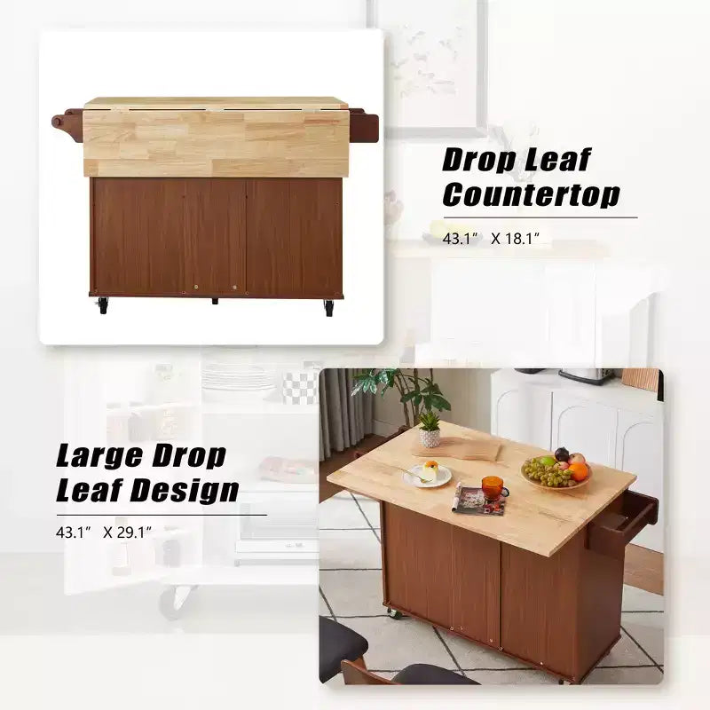 TUYOHW Îlot de cuisine roulant de 136,6 cm avec abattant, Chariot de cuisine avec armoire à 2 portes et 3 tiroirs