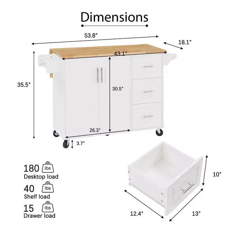 TUYOHW Îlot de cuisine roulant de 136,6 cm avec abattant, Chariot de cuisine avec armoire à 2 portes et 3 tiroirs