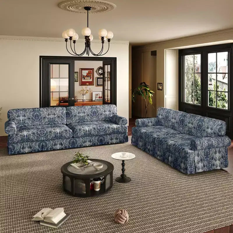 MAYEERTY Luxuriously Comfortable 3&4 Seater Cloud Couch, Chenille Fabric Sofa with Rolled Arms & Pleated Skrit Blue Foral