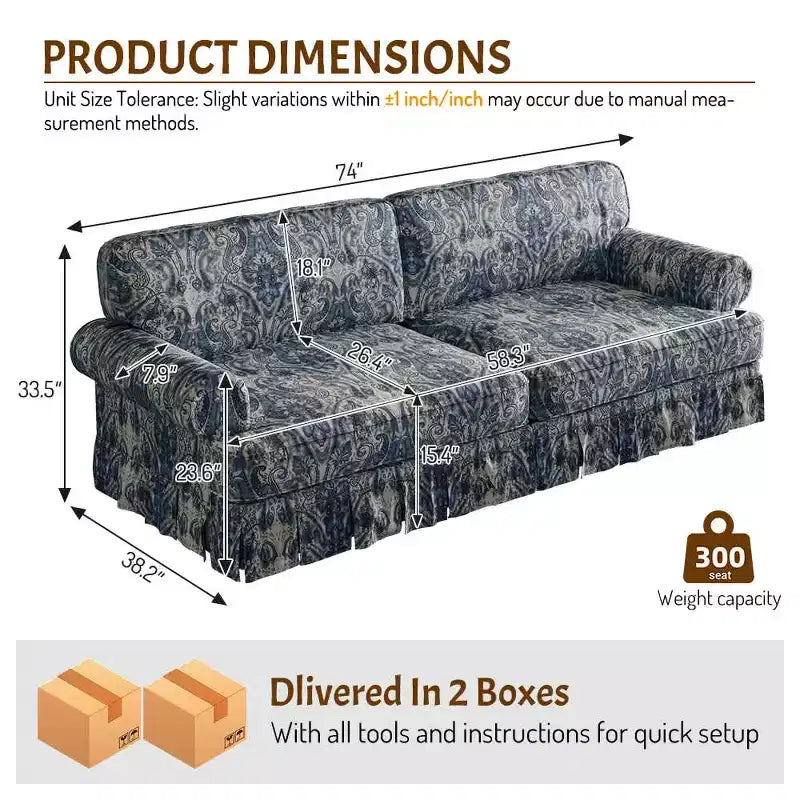 MAYEERTY Luxuriously Comfortable 3&4 Seater Cloud Couch, Chenille Fabric Sofa with Rolled Arms & Pleated Skrit Blue Foral