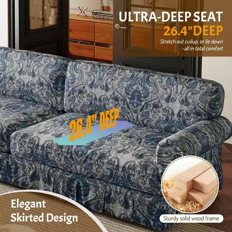 MAYEERTY Luxuriously Comfortable 3&4 Seater Cloud Couch, Chenille Fabric Sofa with Rolled Arms & Pleated Skrit Blue Foral