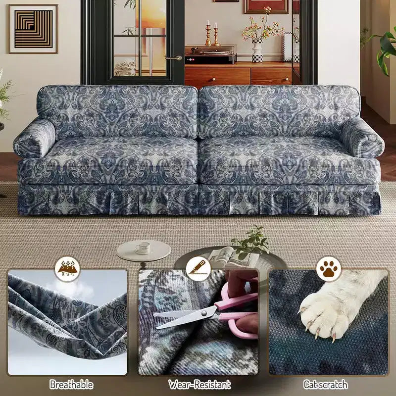 MAYEERTY Luxuriously Comfortable 3&4 Seater Cloud Couch, Chenille Fabric Sofa with Rolled Arms & Pleated Skrit Blue Foral