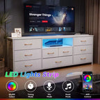Commode à 9 tiroirs blanche de 160 cm pour chambre à coucher, meuble TV LED pour téléviseur de 75 pouces avec station de charge, prises de courant, commode de rangement en tissu, meuble console multimédia